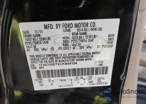 2012 Ford Escape Limited z USA, uszkodzony, nr VIN 1FMCU0E7XCKB44134